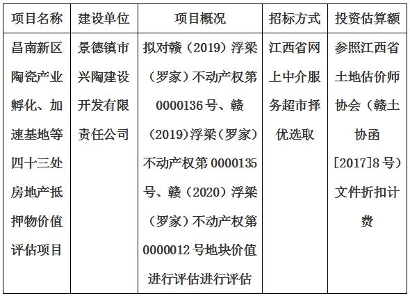 昌南新區(qū)陶瓷產(chǎn)業(yè)孵化、加速基地等四十三處房地產(chǎn)抵押物價值評估單位選取計劃公告