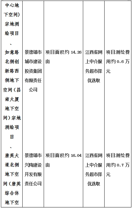 景德鎮(zhèn)市昌南新區(qū)LJ1-03-A01-1地塊、瓷都大道東側中渡口地下空間（格蘭云天大酒店地下空間）、光明大道北側利民路西側地下空間（青少年宮地下空間）、規(guī)劃二路北側地下空間地塊二（加速基地地下空間）、規(guī)劃二路北側地下空間地塊一（加速基地地下空間）、景德大道南側天寶橋西側地塊、景興大道東側如意路北側地下空間(社會公共服務